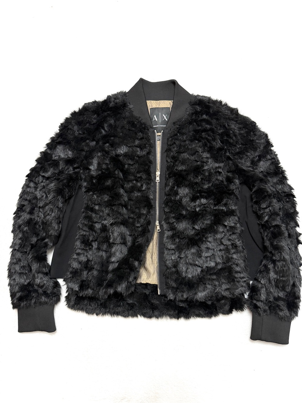 A/X Armani Exchange sz XL Faux Fur Jacket Coat Bomber Zip Black Womens